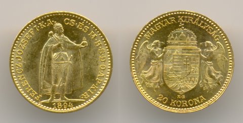 Нумизматика. Золотая монета. Венгрия, 20 корон 1894 г.