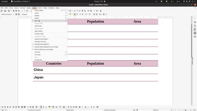 How to split or merge 2 tables in LibreOffice Writer
