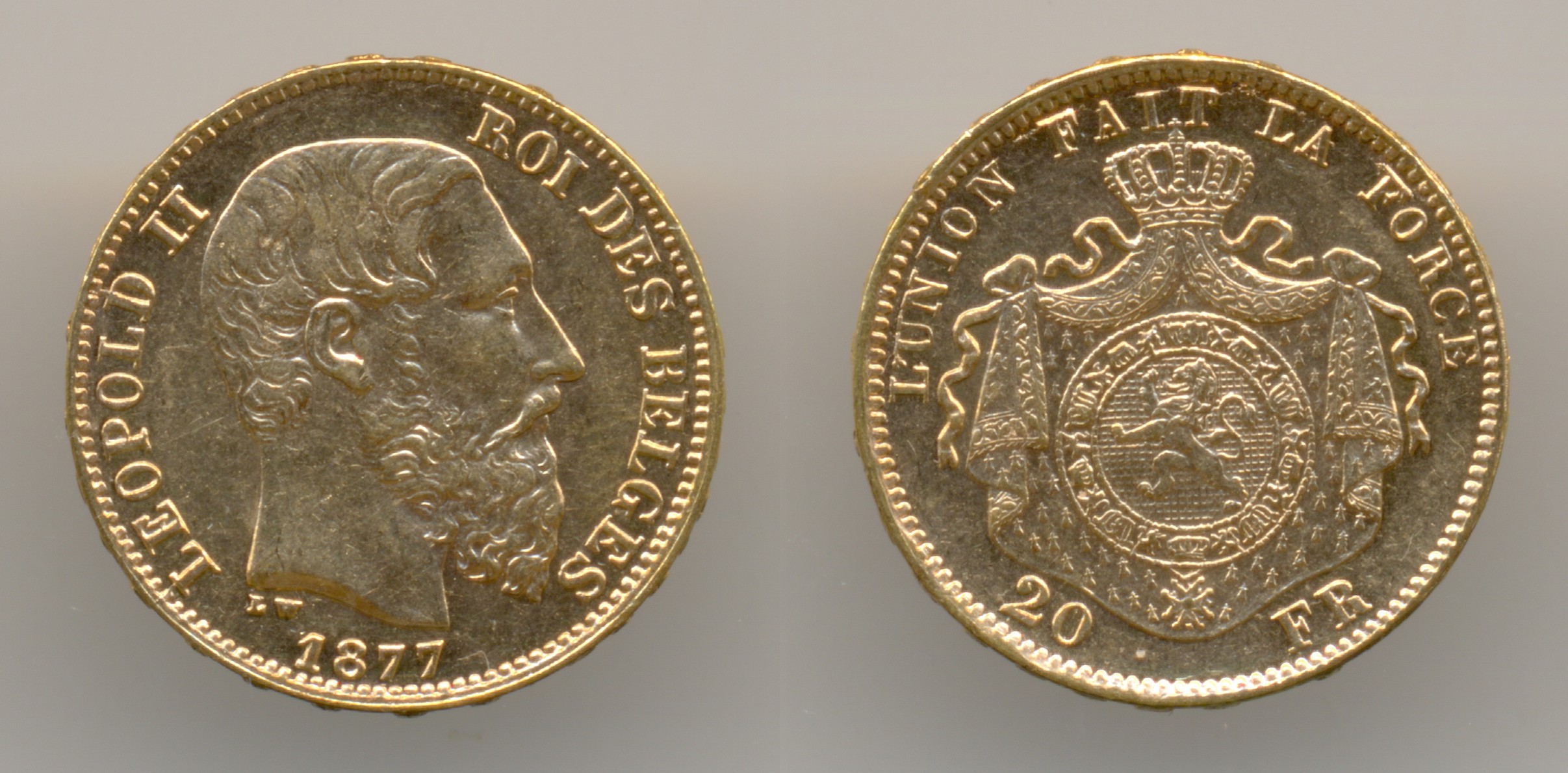 Нумизматика. Золотая монета. Бельгия, 20 франков 1877 года.