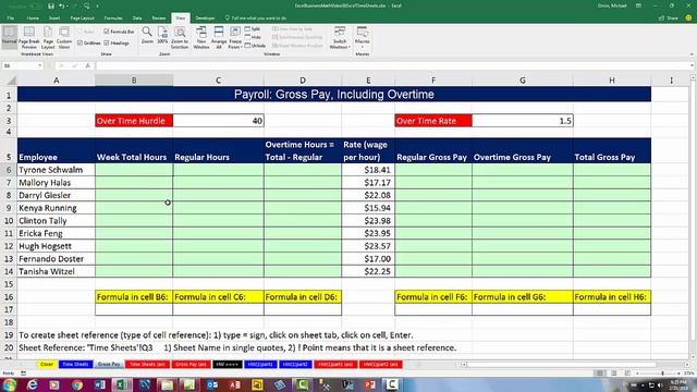 Excel & Business Math 30: Payroll Time Sheets, IF Function, Sheet Reference for Overtime & Gross Pa