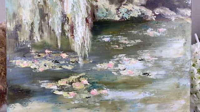 Картина маслом пейзаж водяные лилии "Сон наяву или Сливочные кувшинки" 40х40 см