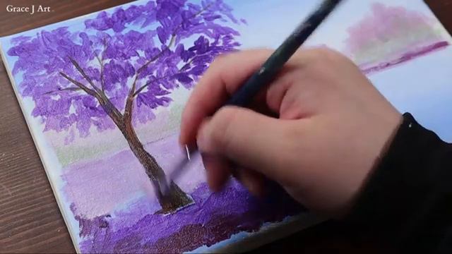 A purple tree on lake acrylic painting for beginners landscape Painting Tutorial Painting ASMR