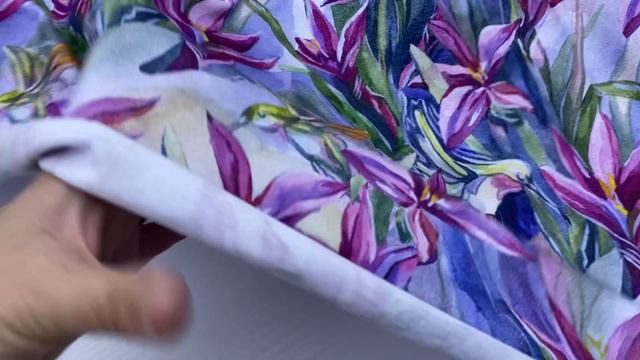 Трикотаж голубого цвета с принтом  розовые цветы , птицы 38071
