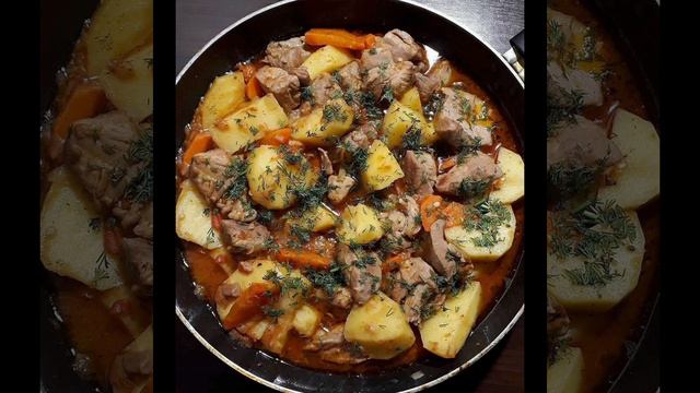 Овощное рагу с мясом свинины и говядины.Рагу на сковороде.Meso svinina,krompir,sargarepa.ням.🍲🤤😋
