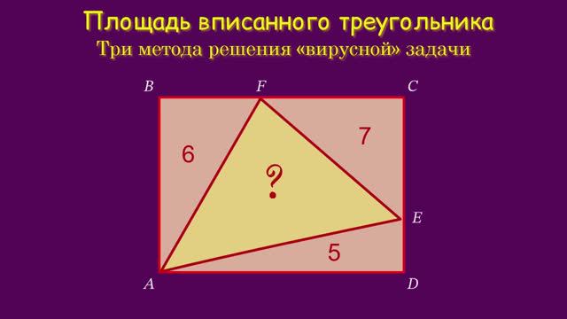 Плошадь треугольника, вписанного в прямоугольник. Три метода решения «вирусной» задачи.