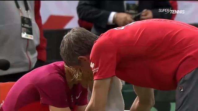Denis Shapovalov hits chair umpire in the face and gets disqualified || DAVIS CUP 2017 ||