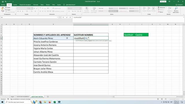 FUNCIÒN SUSTITUIR EN EXCEL