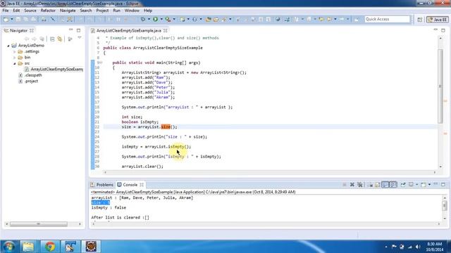 Example of Clear(), isEmpty and size() methods of ArrayList? | Java Collection Framework