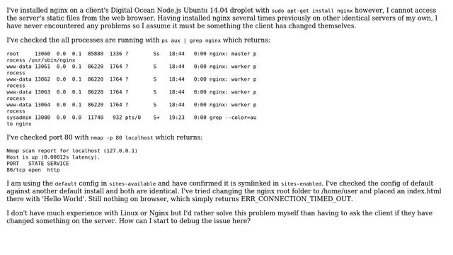Nginx is running on server but won't serve static files
