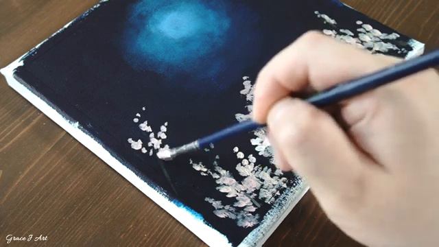 Cherry Blossom in the moonlight Easy acrylic painting for beginners PaintingTutorial