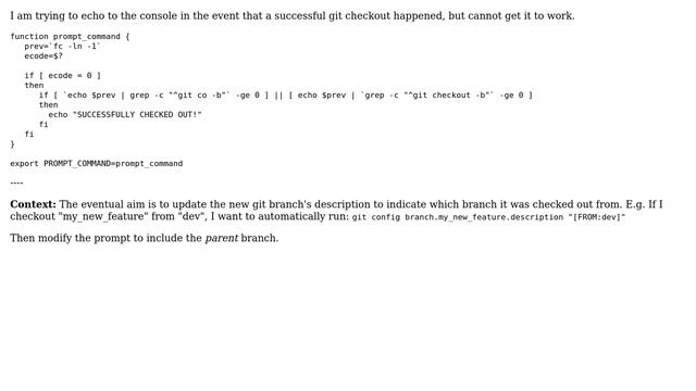 Unix & Linux: Outputting if the last command was a successful git checkout