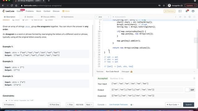 Leetcode 49 :  Group Anagrams  solution  Java  Frequently Asked Questions