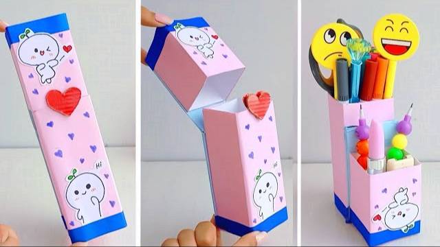 how to make paper pencil box and pen holder / paper pencil box / Diy pen holder / School crafts /DIY