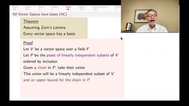 AR08 Zorn's Lemma: Basis for Vector spaces, Maximal Ideals for Rings, & Spanning Trees for Graphs