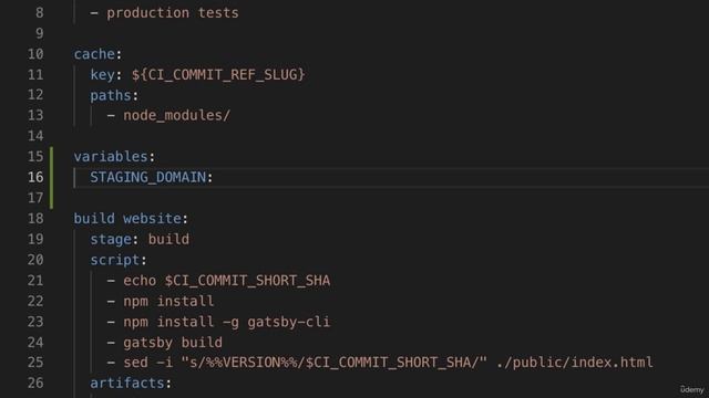 Udemy. Gitlab CI/CD. 27. Defining variables