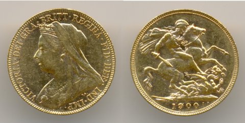 Нумизматика. Золотая монета. Англия, соверен 1900 года.