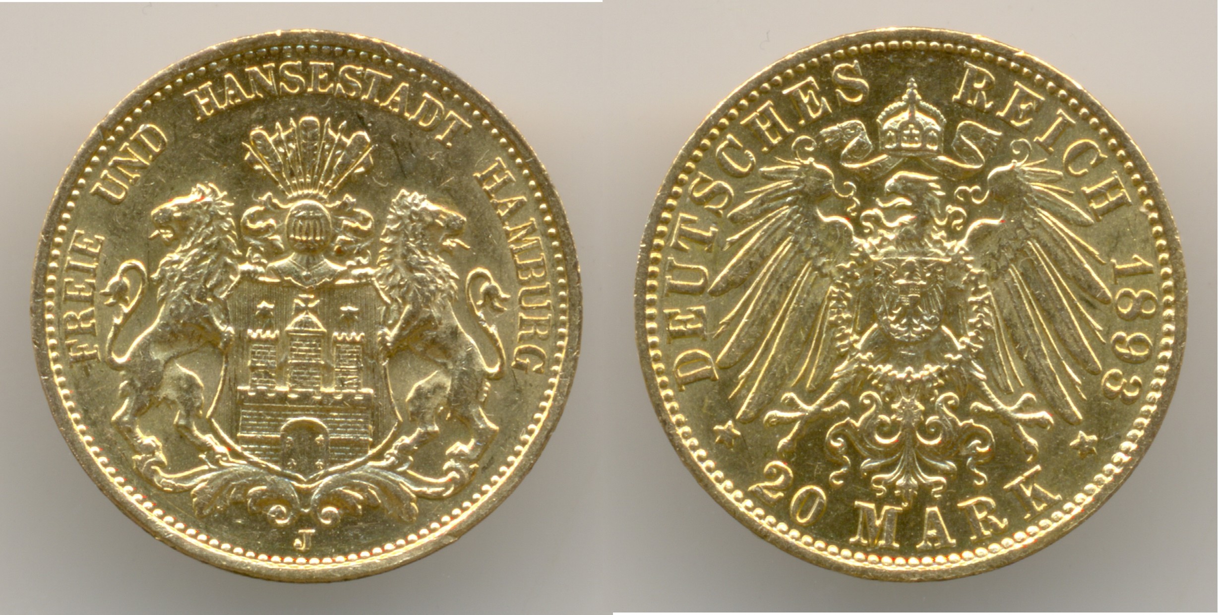 Нумизматика. Золотая монета. Германия, Гамбург, 20 марок 1893 г.