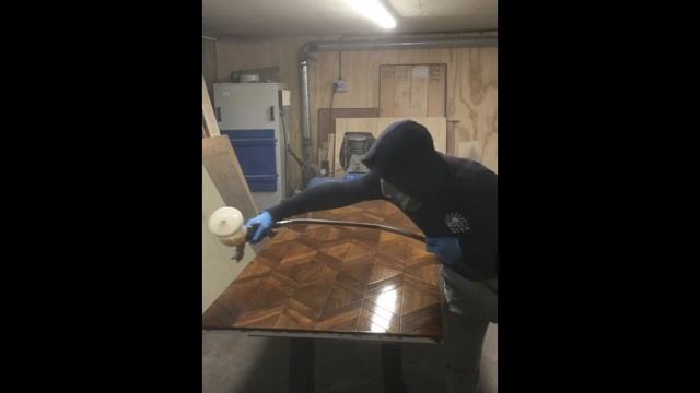 Spraying Huge Floor Panel- Treatex Hardwax Oil