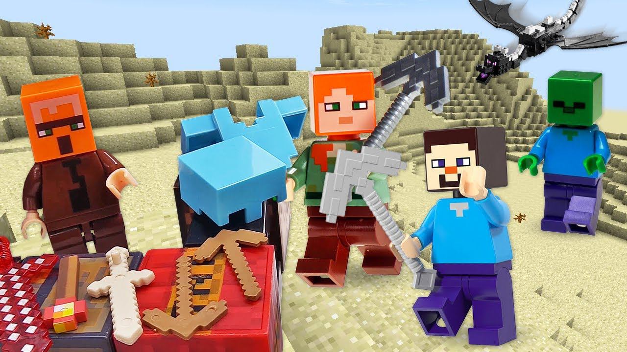 Видео игры - Стив Майнкрафт Лего выбирает оружие! - Игры битвы. Эндер Дракон и мобы Minecraft Lego
