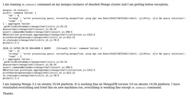 Getting exception on running sh.status() command on MongoDB sharded cluster