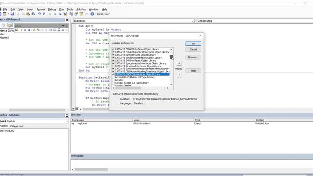 CATIA VBA: Dynamically Adding Excel Object Reference in CATIA and SolidWorks VBA Projects