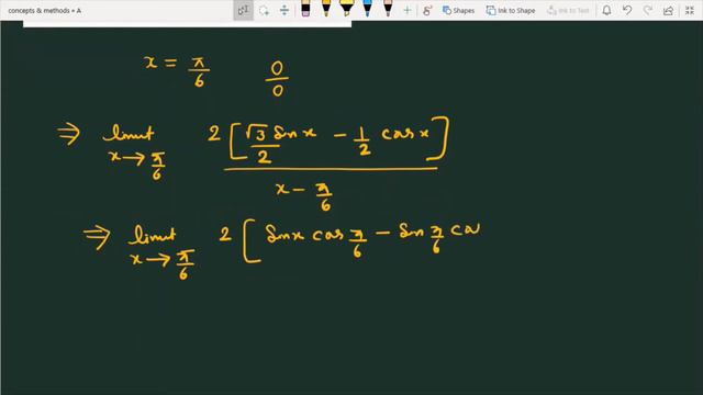 limit x tends to pi/6 '(sqrt(3)sinx-cosx)/(x- pi/6)'| limit x to pi/6 '(sqrt(3)sinx-cosx)/(pi-pi/6)