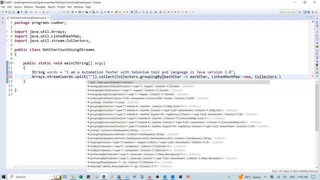Java program to get each character count from a String using streams