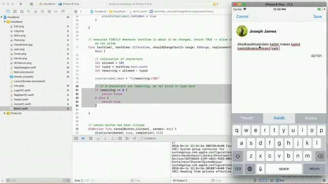 Complete Facebook App in Swift, Xcode and PHP - Limiting TextView - 69