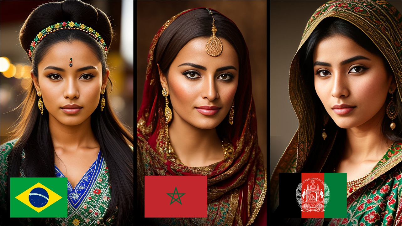 210 стран в образе девушек в национальных костюмах | Реалистичный арт от нейросети