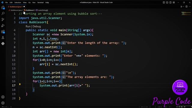 Sorting Array Using Bubble Sort | Video 08 | @PurpleCode404 #java #code #trending