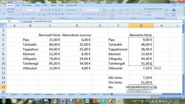 Excel 2007 summa, min, maks, keskiarvo, F4 käyttö