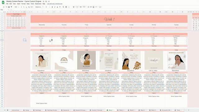 Google Sheets Content Calendar and Planner for Social Media.
