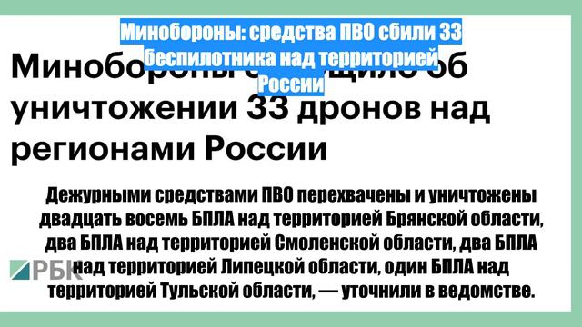 Минобороны: средства ПВО сбили 33 беспилотника над территорией России