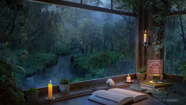 Cozy Study Room with Lush River View - Daytime Rain and Thunder Sounds for Focus and Relaxation