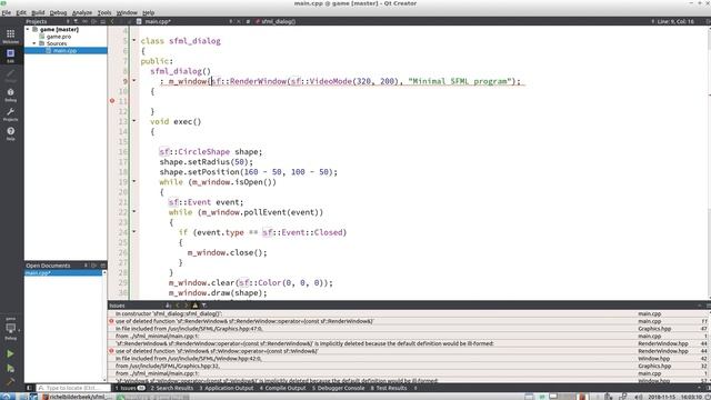 Implement a minimal SFML dialog as a class in Qt Creator