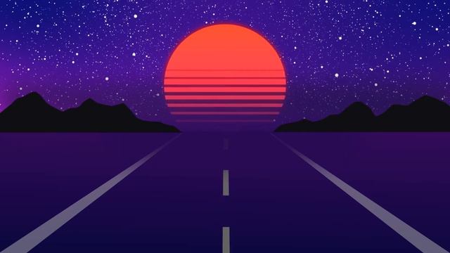 LOOPING ANIMATION - ON THE ROAD IN A RETRO SUNSET AND MOVING STARFIELD