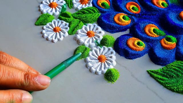 #1542 Peacock Rangoli using spoon   satisfying video   festival rangoli designs