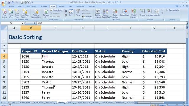 How to Sort (basic) in Excel 2007 (Excel 07-012)