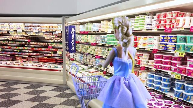 Barbie dolls, Barbie push shopping cart to go shopping in the supermarket