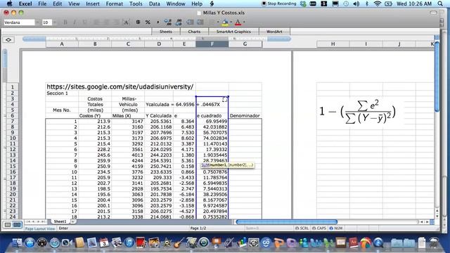Coeficiente de Determinacion (R2). Regresión Lineal Simple, usando formula en Excel.