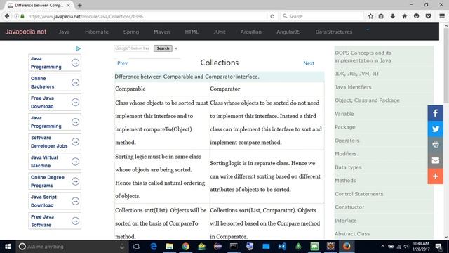 Difference between Comparable and Comparator interface.
 javapedia.net