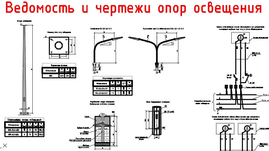 Проект ЭН и ЭС ч.7: Ведомость и чертежи опор освещения