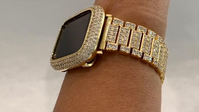 Iced Out Gold Apple Watch Band & Match Bezel Cover Lab Diamonds 38mm 40mm 42mm 44mm Iwatch Band