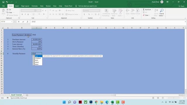 Excel Tutorial | Microsoft Excel 2019 | PMT Calculation