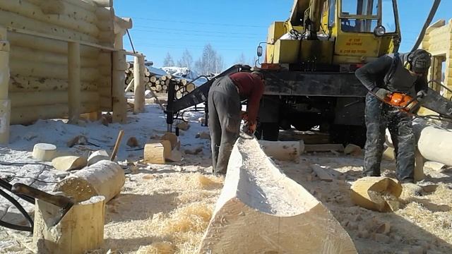 Подготовка пазов на срубе из кедра. Русская рубка