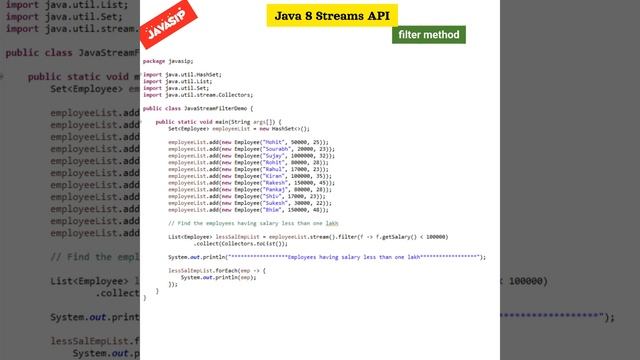 Java 8 | Stream API | Filter Method @javasip