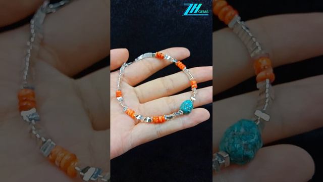 Natural turquoise and spiny oyster roundle beads with  pearl 925 silver jewelry bracelets Unique Gif