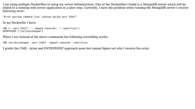 DevOps & SysAdmins: ENTRYPOINT & CMD commands with mongod results in unknown option error