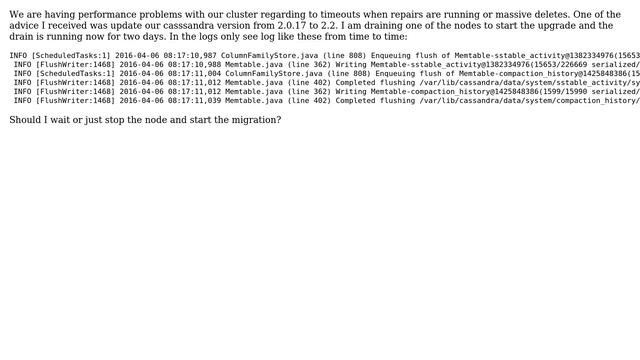 DevOps & SysAdmins: cassandra nodetool drain running for days (2 Solutions!!)