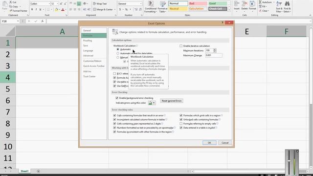 How to turn on or off automatic calculation of formulas in Microsoft Excel 2013